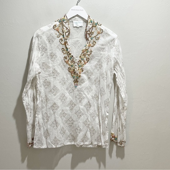 ANANYA Women’s White Multi Heavily Beaded Cotton Tunic Top Blouse Size Large - Picture 1 of 7